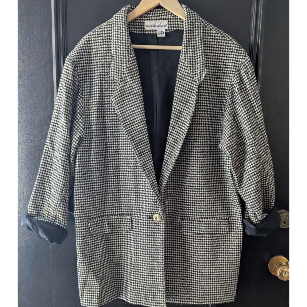 VTG 90's Parsons Place‎ Houndstooth Women's Blazer Wool Blend Jacket Oversized